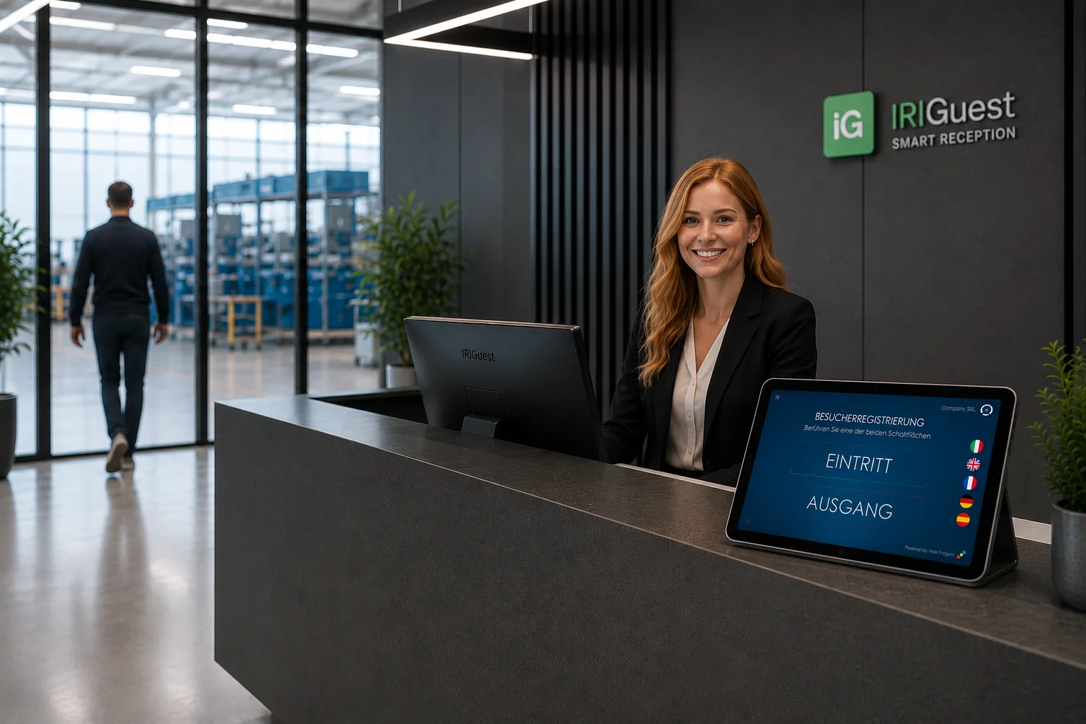 Digitaler Unternehmensempfang mit dem IRIGuest-Tablet zur Besucherregistrierung