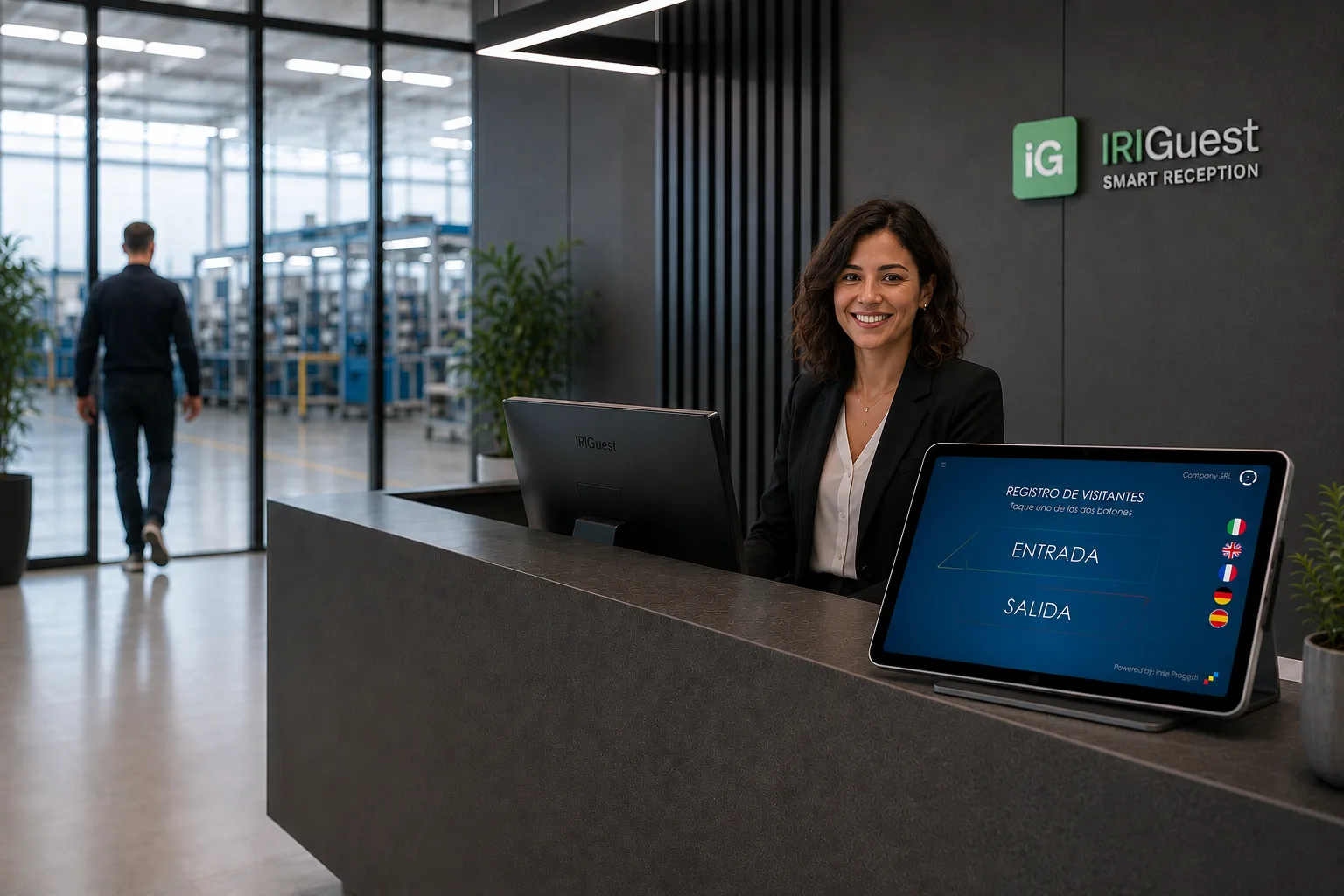 Recepción de empresa digital con la tablet IRIGuest para el registro de visitantes