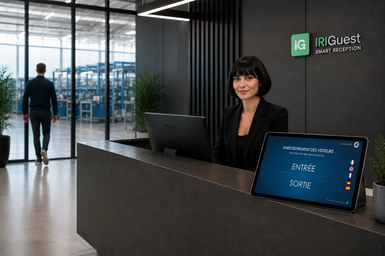 Accueil d'entreprise digital avec la tablette IRIGuest pour l'enregistrement des visiteurs