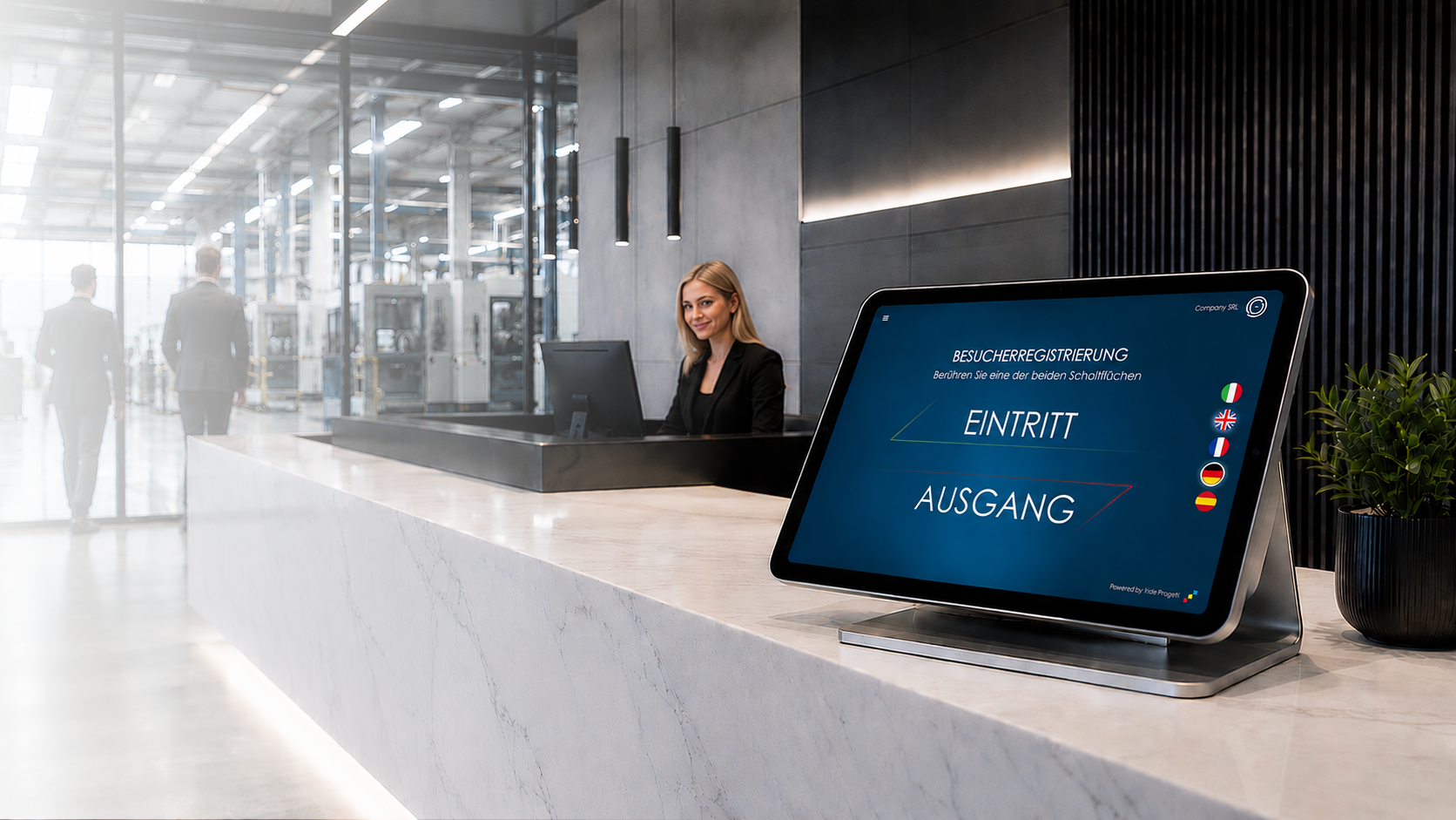 Unternehmensempfang mit dem digitalen Besucherregister IRIGuest auf dem Tablet