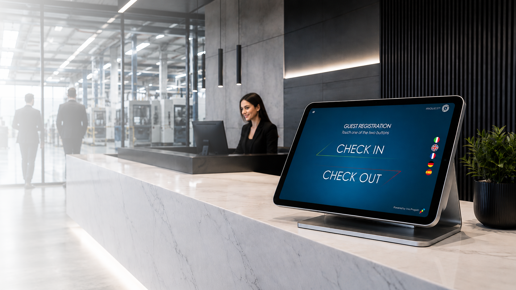 Company reception with IRIGuest digital visitor register on tablet