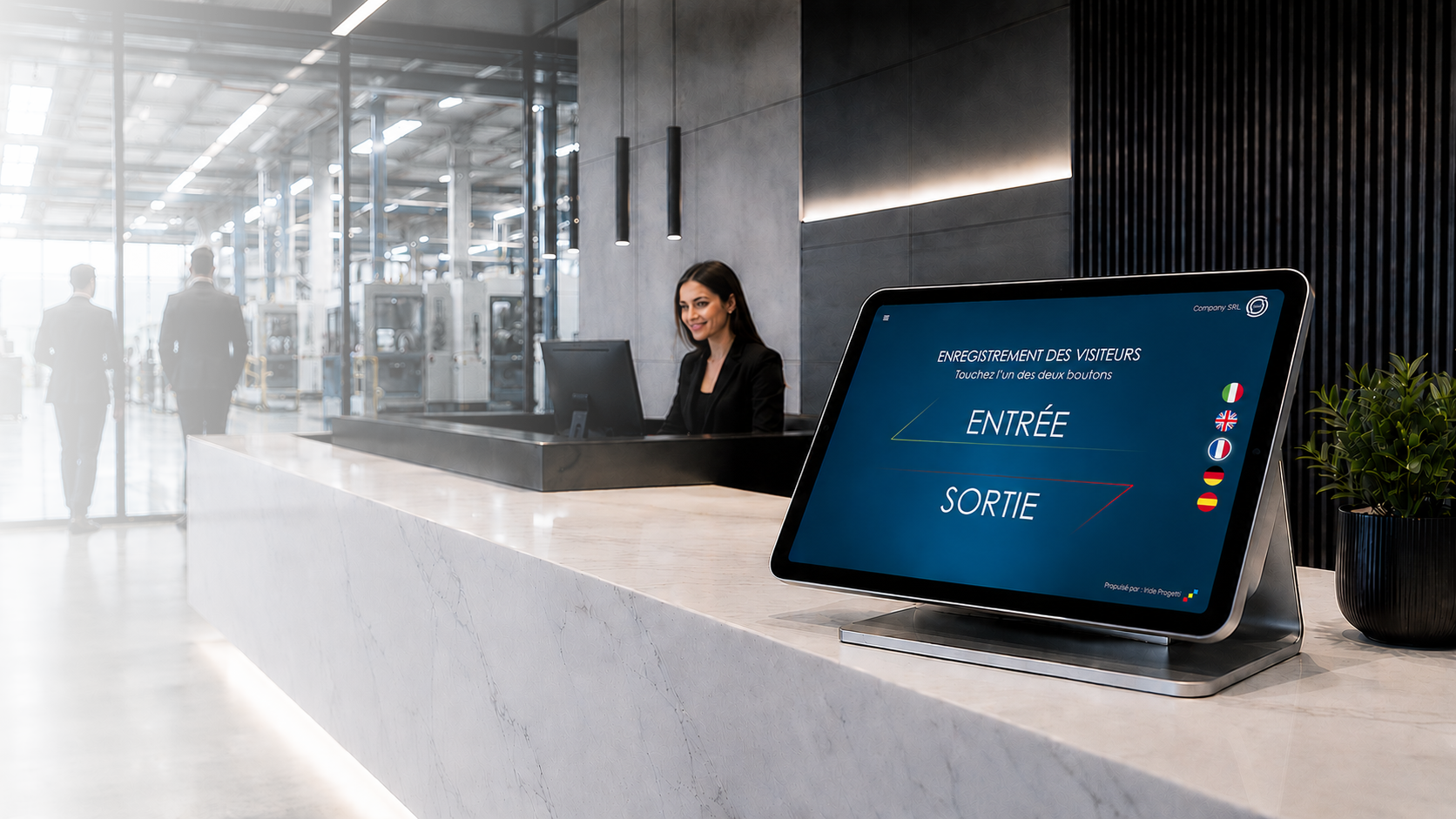 Accueil d'entreprise avec le registre visiteurs numérique IRIGuest sur tablette